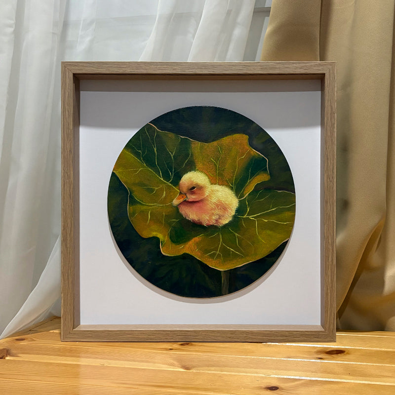 A Little Duck — original oil painting of a duck sitting on a leaf