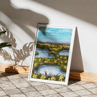 Flower Meadow in Orange art print in a white frame, leaning on a sunny tiled step (mock-up)