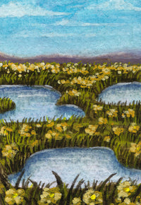 Flower Meadow in Orange art print — the full artwork: orange-gold wildflowers around pools of water