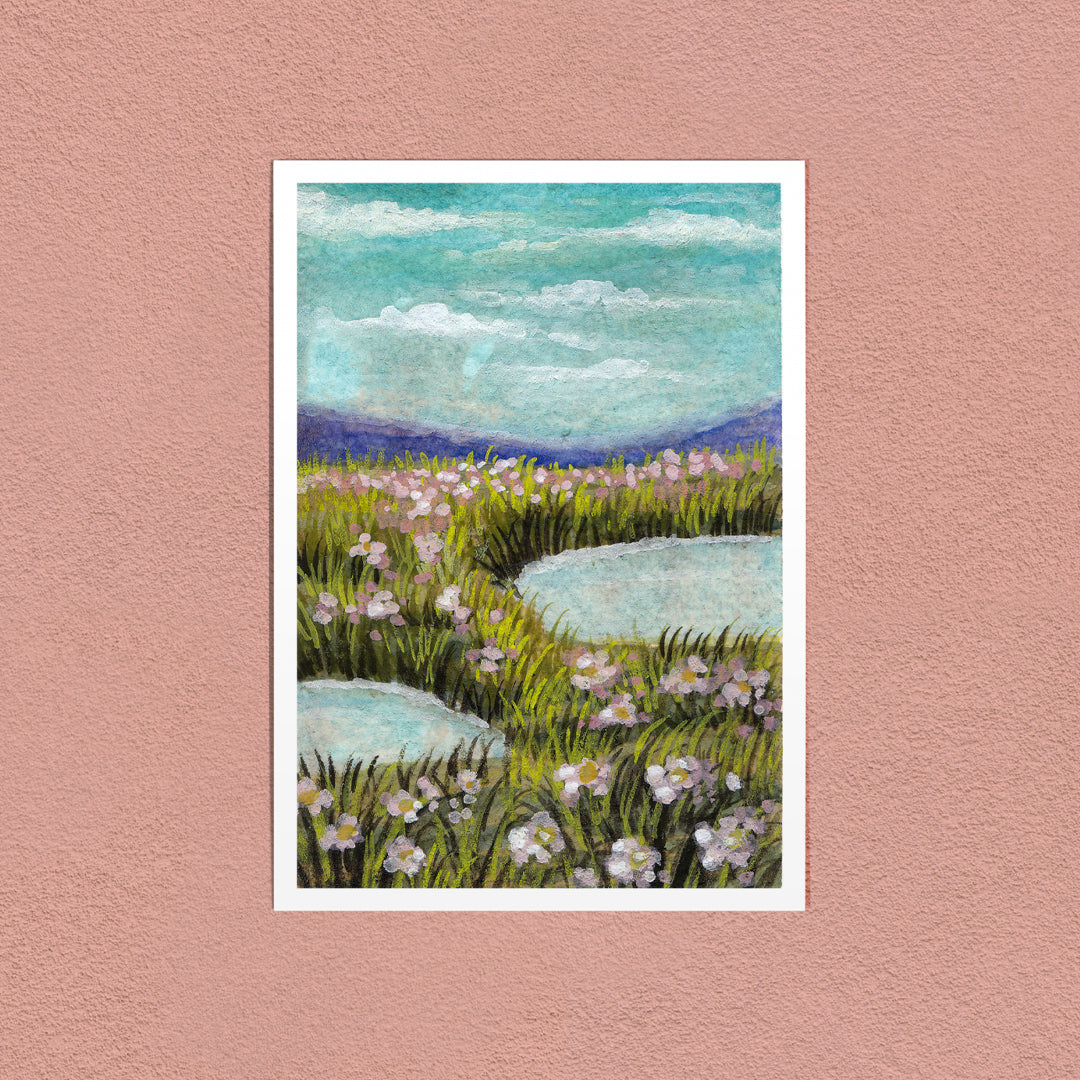 Flower Meadow in Pink art print — pink wildflowers and still pools under a cloudy sky, on a pink wall