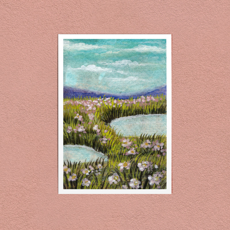 Flower Meadow in Pink art print — pink wildflowers and still pools under a cloudy sky, on a pink wall