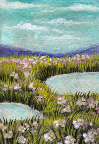 Flower Meadow in Pink art print — the full artwork: pink wildflowers, long grass and pools of water