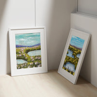 Flower Meadow Set of 2 art prints in white frames, leaning in a sunlit corner (mock-up)