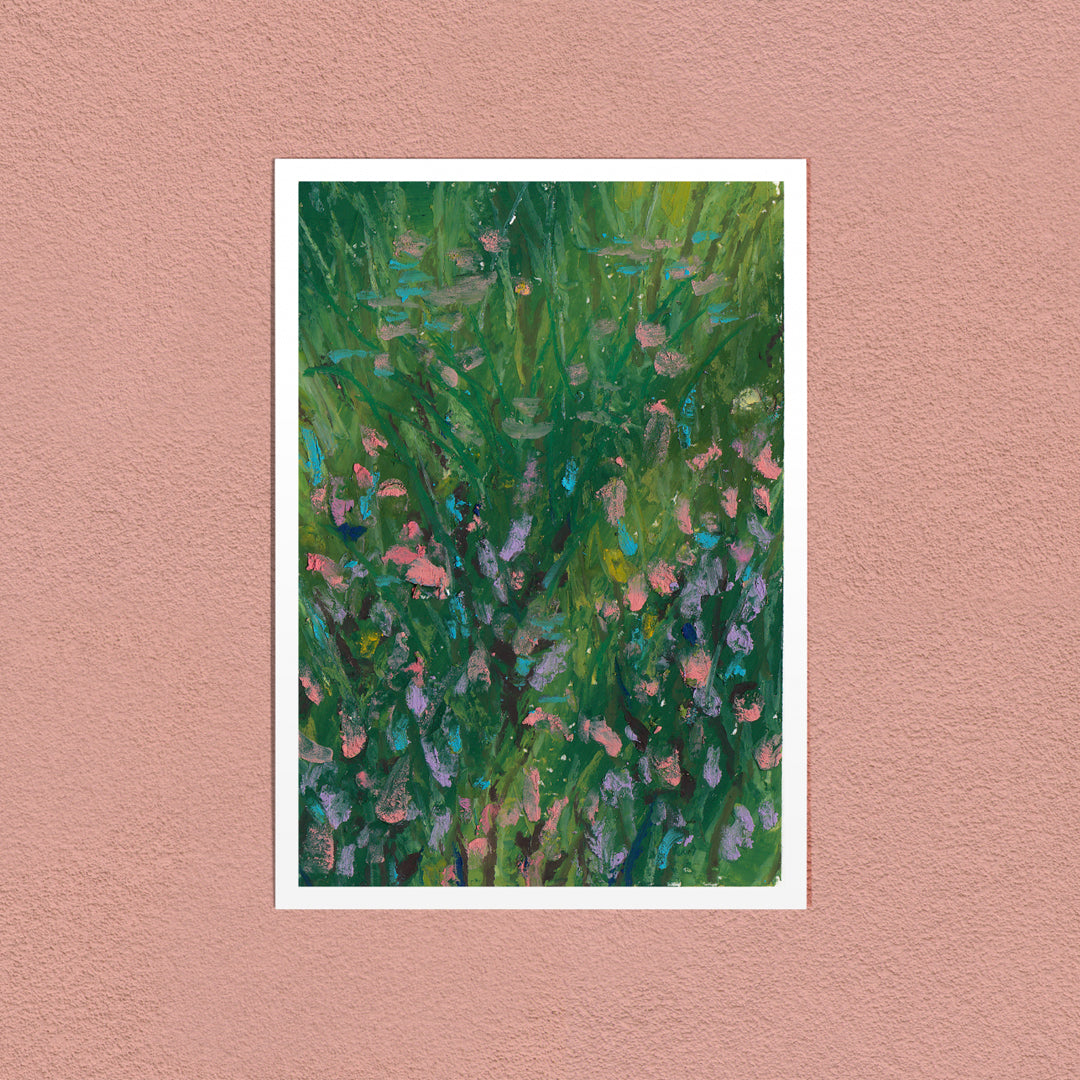 Flower Patch art print — pink and lilac wildflowers in long grass, shown on a pink wall