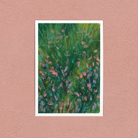 Flower Patch art print — pink and lilac wildflowers in long grass, shown on a pink wall