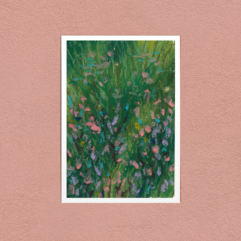 Flower Patch art print — pink and lilac wildflowers in long grass, shown on a pink wall