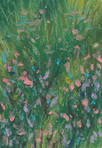 Flower Patch oil pastel art print — the full artwork: a close-up tangle of grass and wildflowers