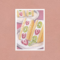 Fruit Sandwich to Share art print — a strawberry and kiwi fruit sando, shown on a pink wall