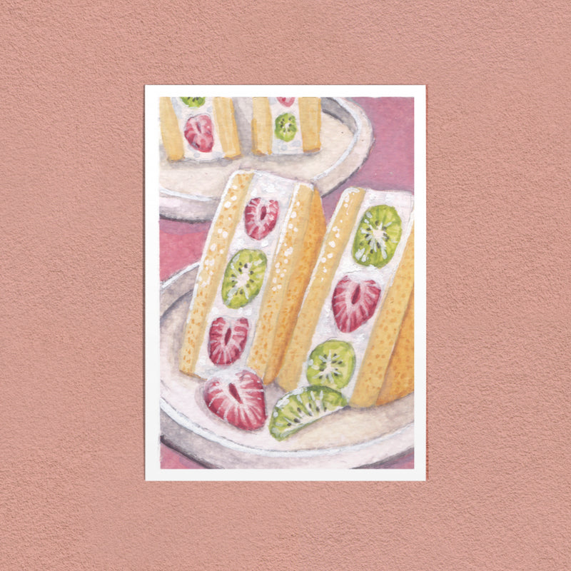 Fruit Sandwich to Share art print — a strawberry and kiwi fruit sando, shown on a pink wall
