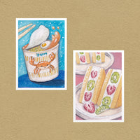 Konbini Snacks set of 2 art prints — Cup Noodles at Midnight and Fruit Sandwich to Share on a tan wall