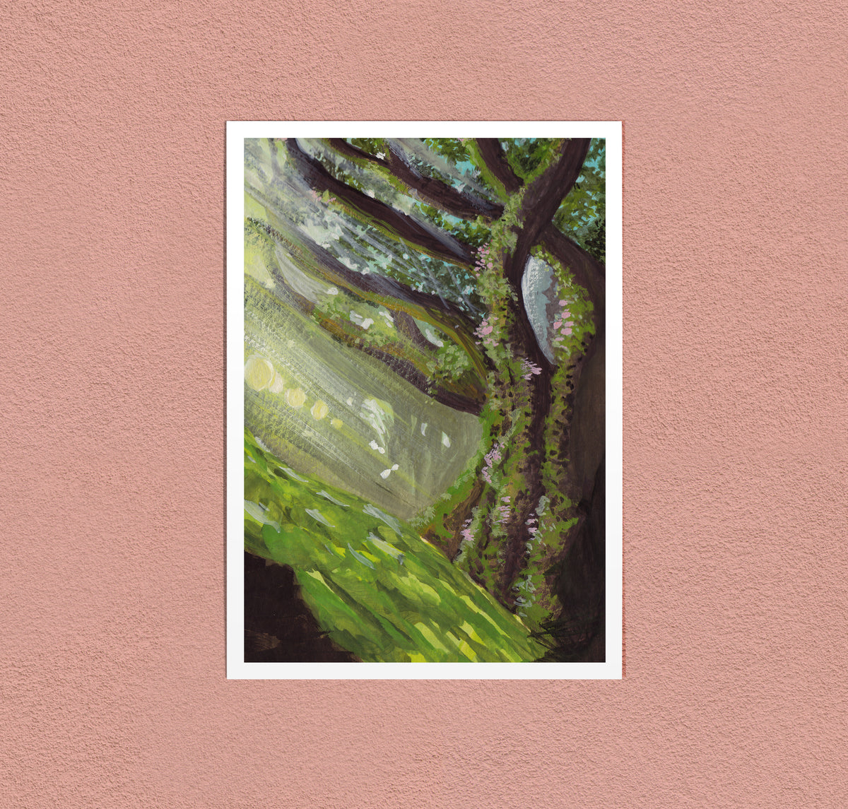 Light Through the Mossy Tree art print — light coming down through a mossy trunk