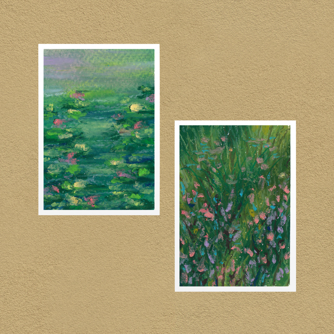 Monet Set of 2 art prints — Monet's Lilies and Flower Patch shown together on a tan wall