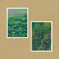 Monet Set of 2 art prints — Monet's Lilies and Flower Patch shown together on a tan wall