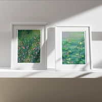 Monet Set of 2 art prints in white frames on a sunlit shelf (mock-up)
