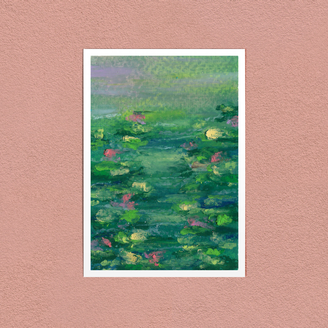 Monet's Lilies art print — pink and gold water lilies on a green pond, shown on a pink wall