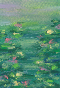 Monet's Lilies oil pastel art print — the full artwork: water lilies floating on a green pond