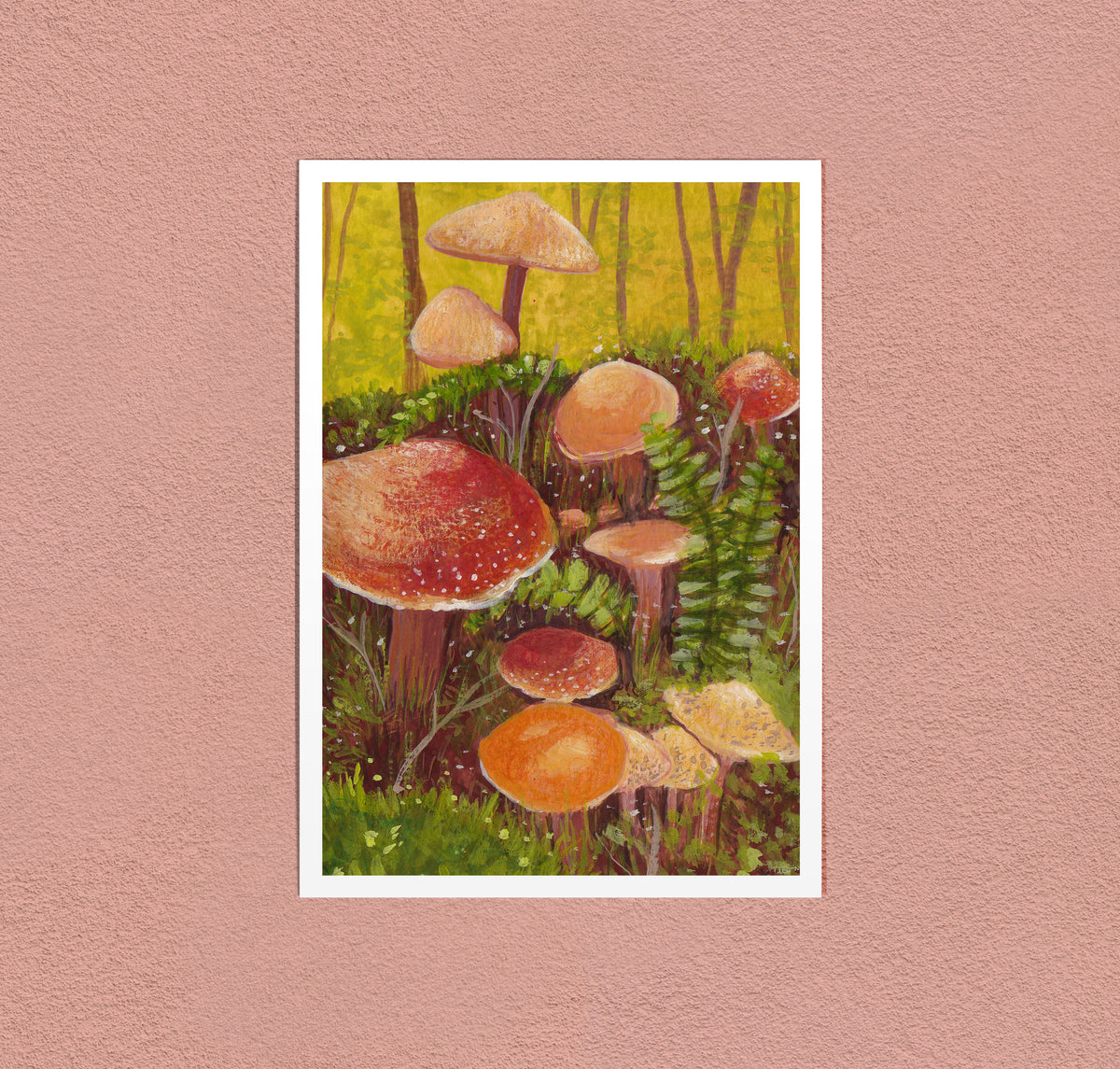 Mushrooms in the Ferns art print — a cluster of mushrooms tucked in among the ferns