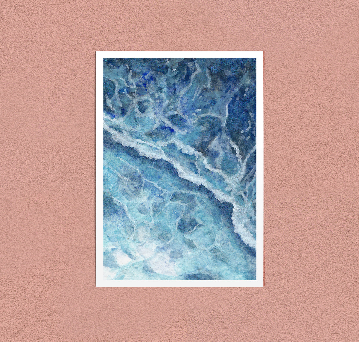 Shoreline art print — foam running thin over pale shallows, seen from above
