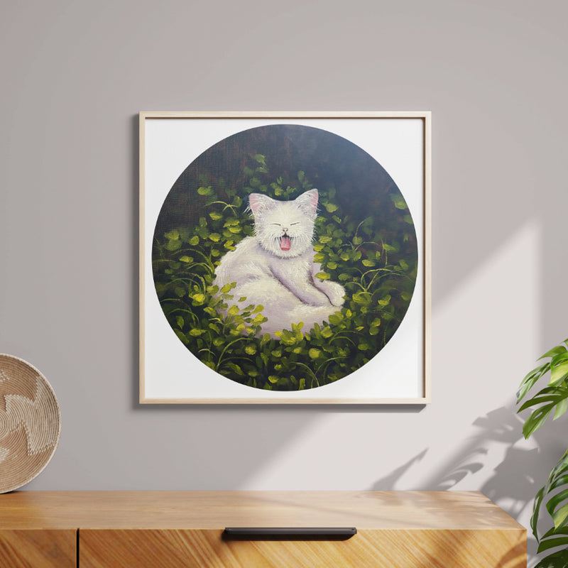 Sleepy Cat art print — a cat mid-yawn, napping on a bed of grass and weeds