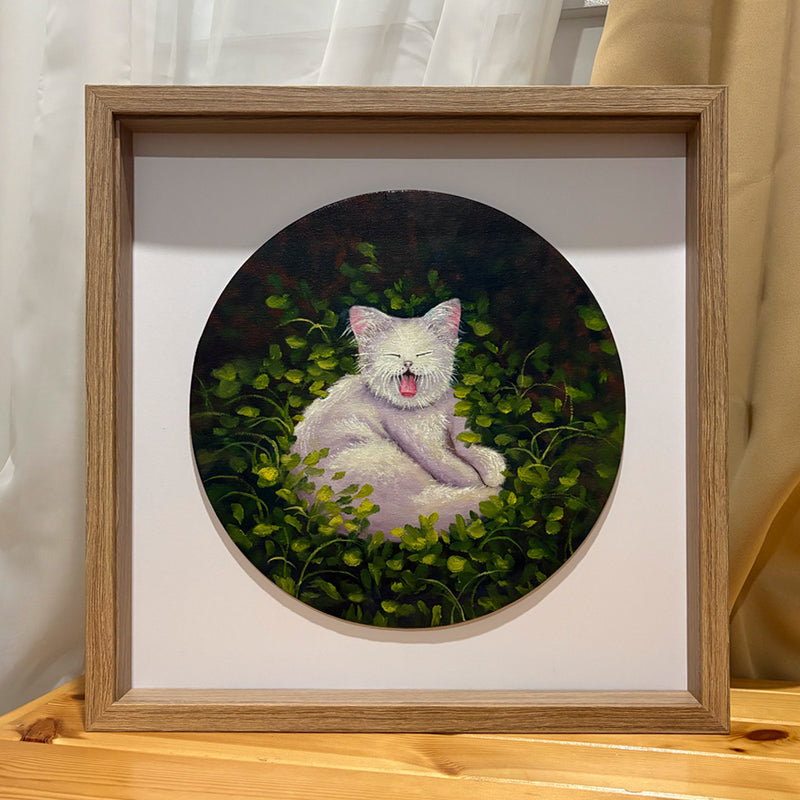 Sleepy Cat — original oil painting of a white cat mid-yawn on grass and weeds