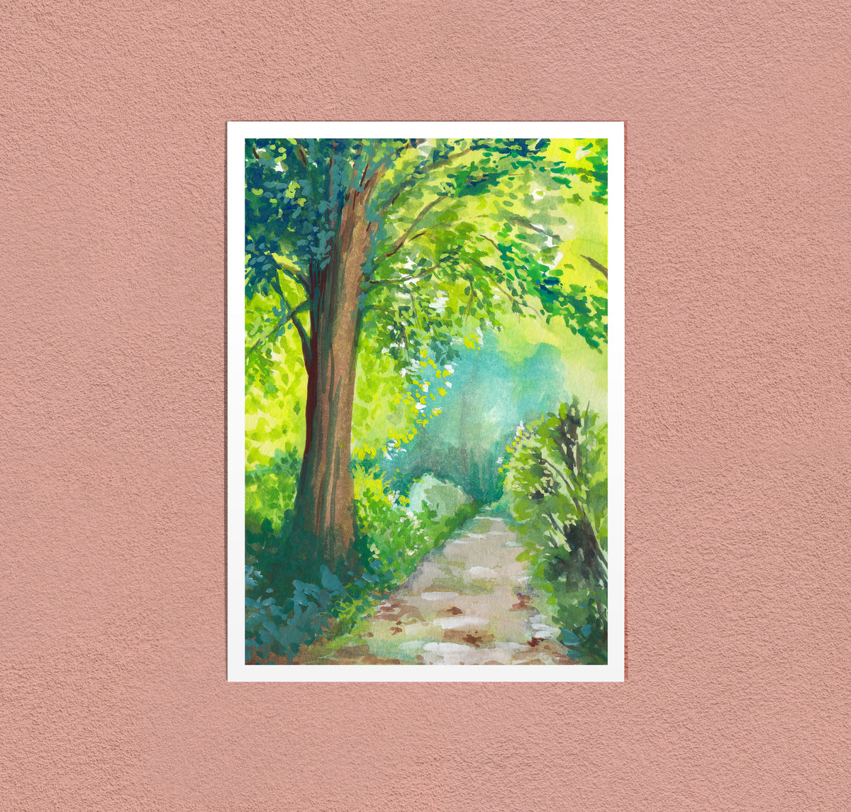 The Green Path art print — a path under summer trees with light coming through the leaves