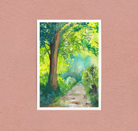 The Green Path art print — a path under summer trees with light coming through the leaves