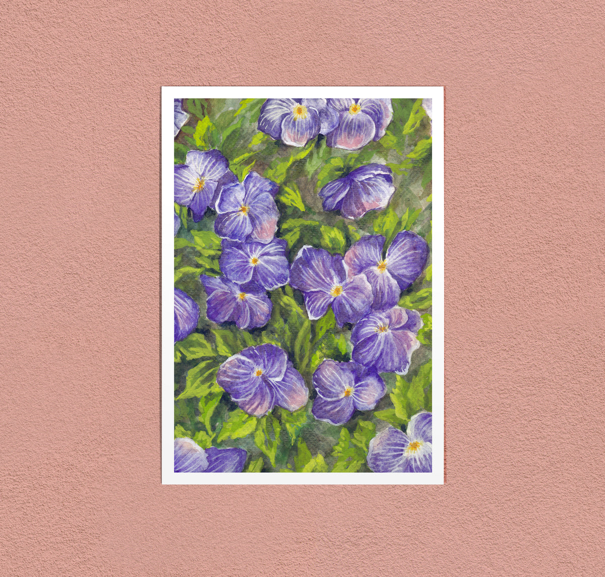 Violas in the Spring art print — violas in a garden bed, dancing in the spring air